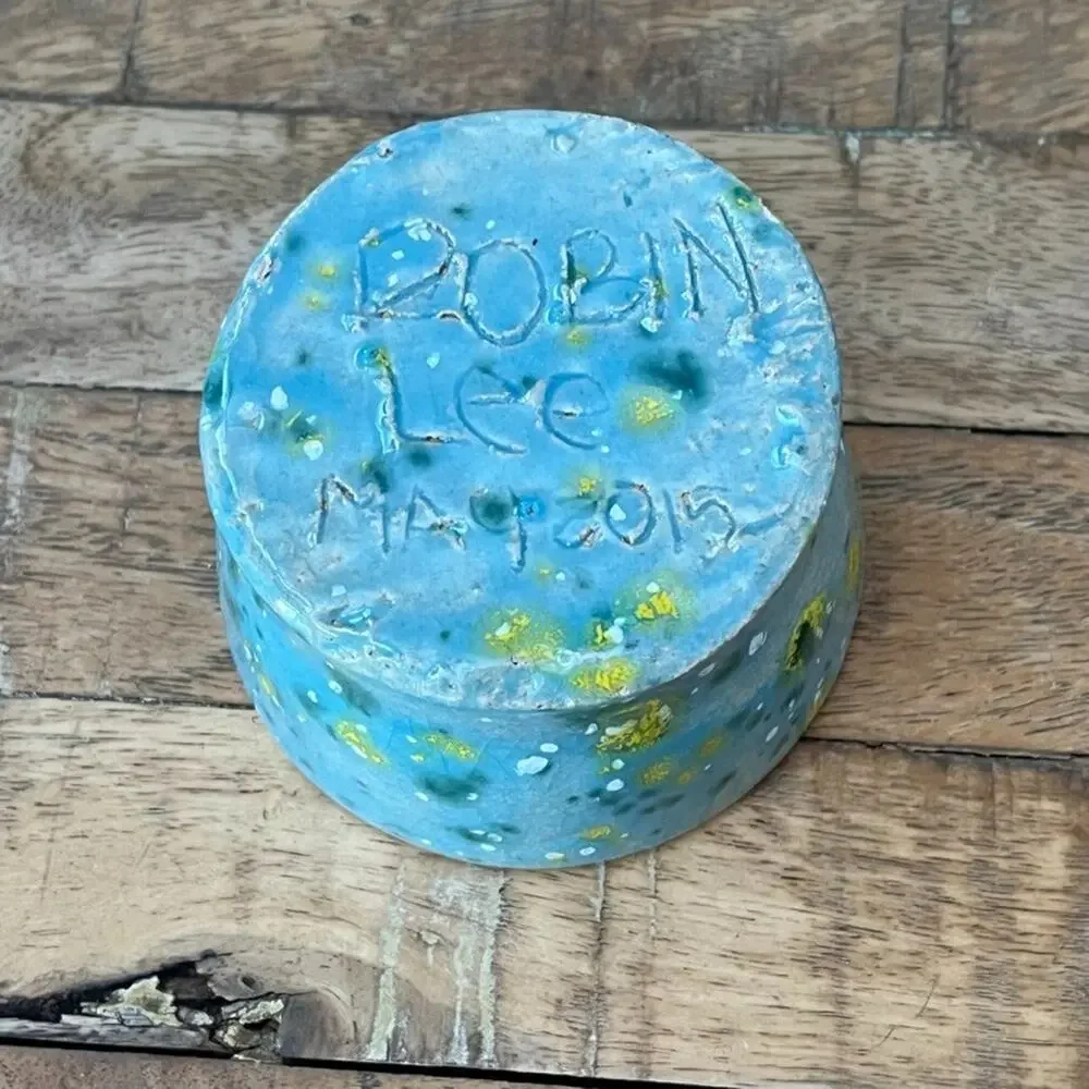 Handmade Clay Pottery Bowl Blue Yellow Speckled Crackle Glaze Artist Signed